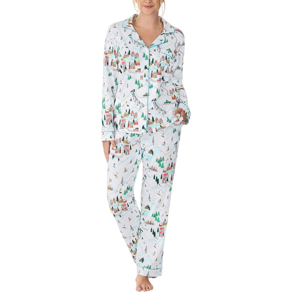 Model wearing Bed Head Ski Village Stretch Jersey PJ Set in front of a white background