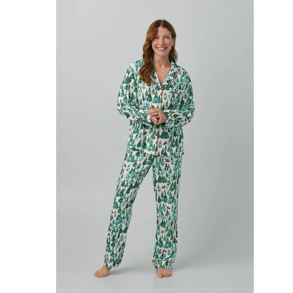 Model wearing Bed Head Winter Forest Stretch Jersey PJ Set in front of a grey background