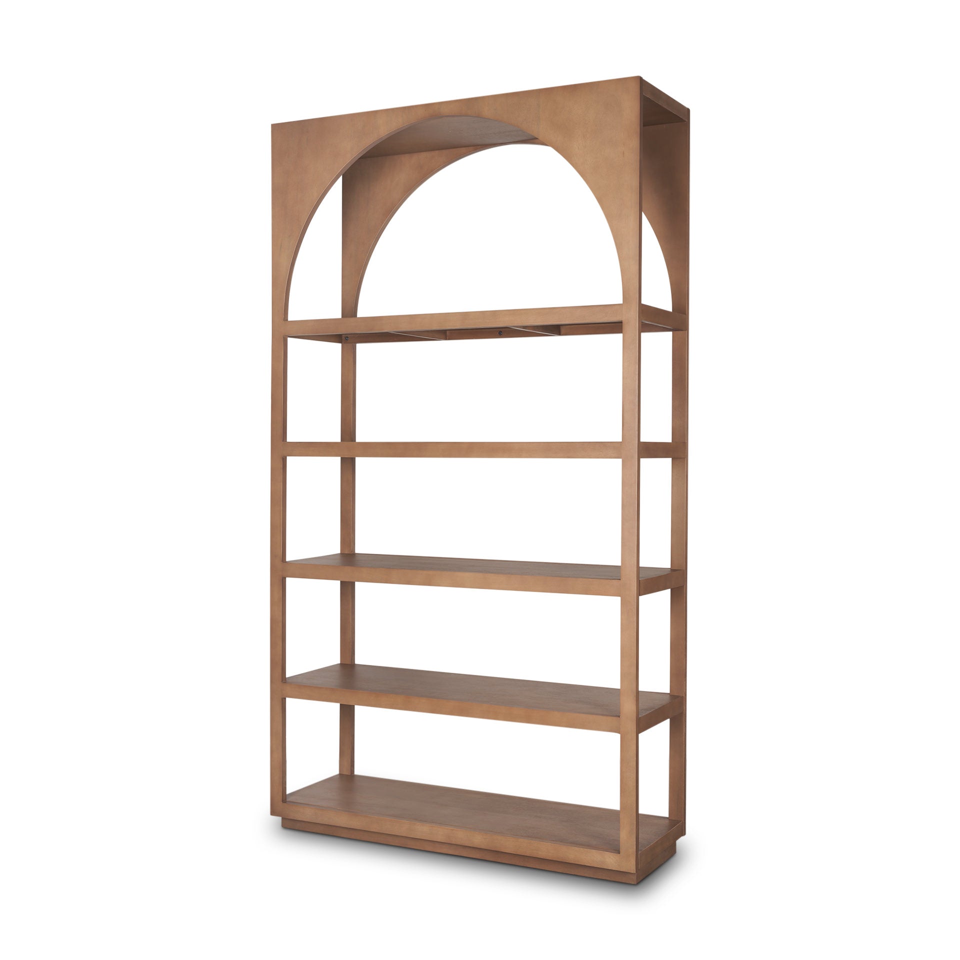 Arched Shelving Unit in Brown Wood stain on a white background