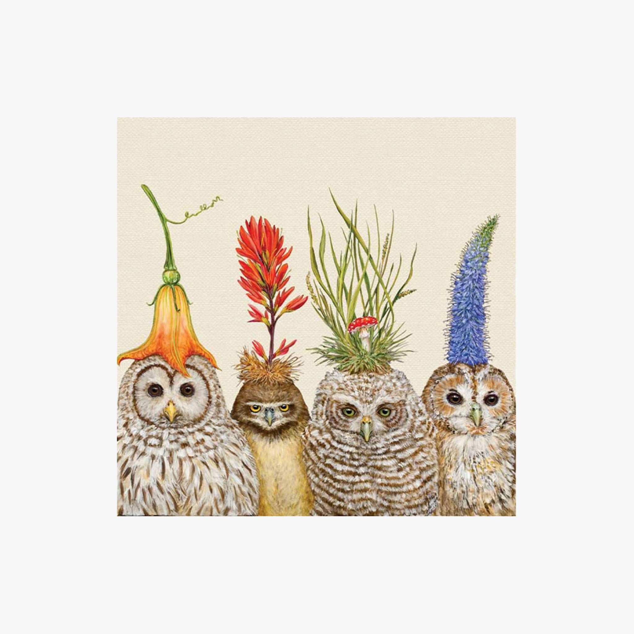 Big Hat Night Cocktail Napkin with four owls with flower hats on a white background