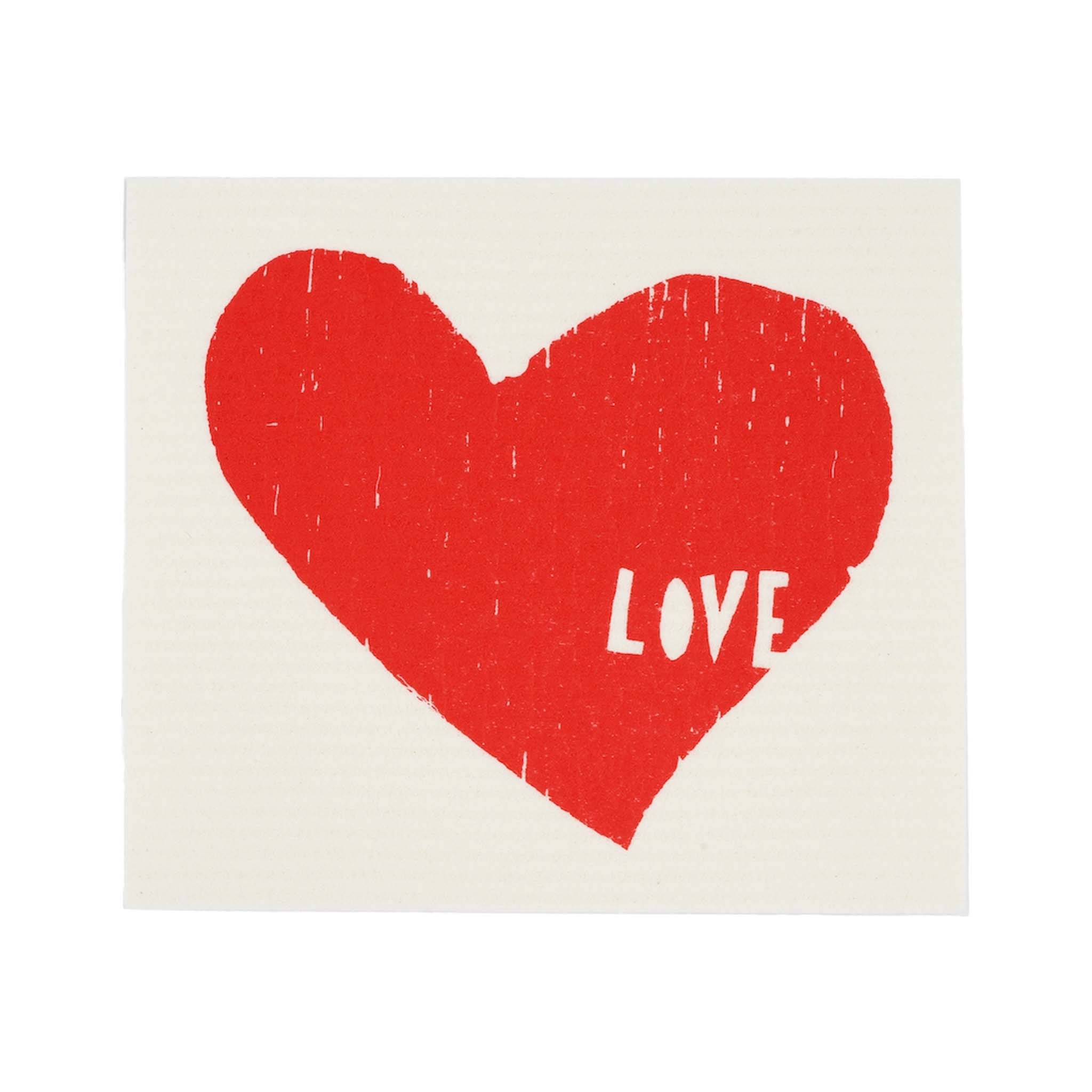A Swedish cloth with a red heart and the word 'LOVE' printed on it against a white background.