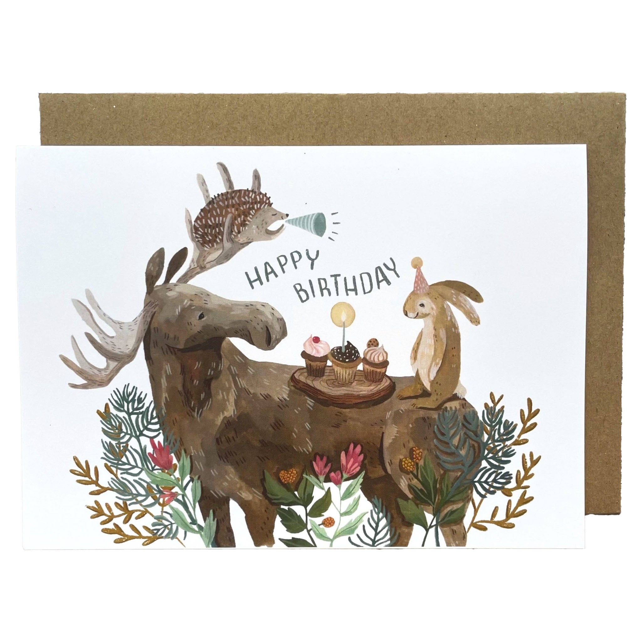 Illustrated happy birthday greeting card with moose and hedgehog and rabbit on a white background