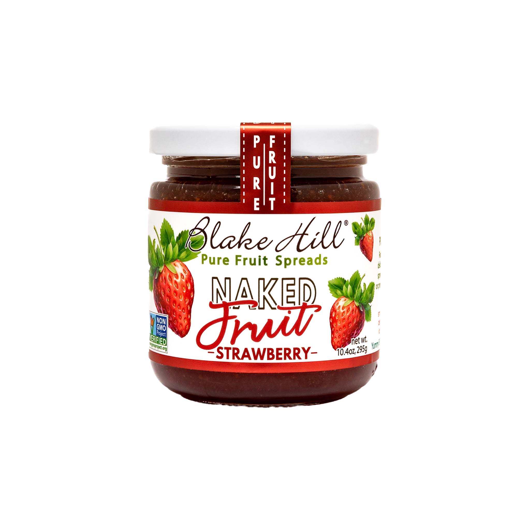 Jar of Blake Hill Naked Strawberry jam on a white background
