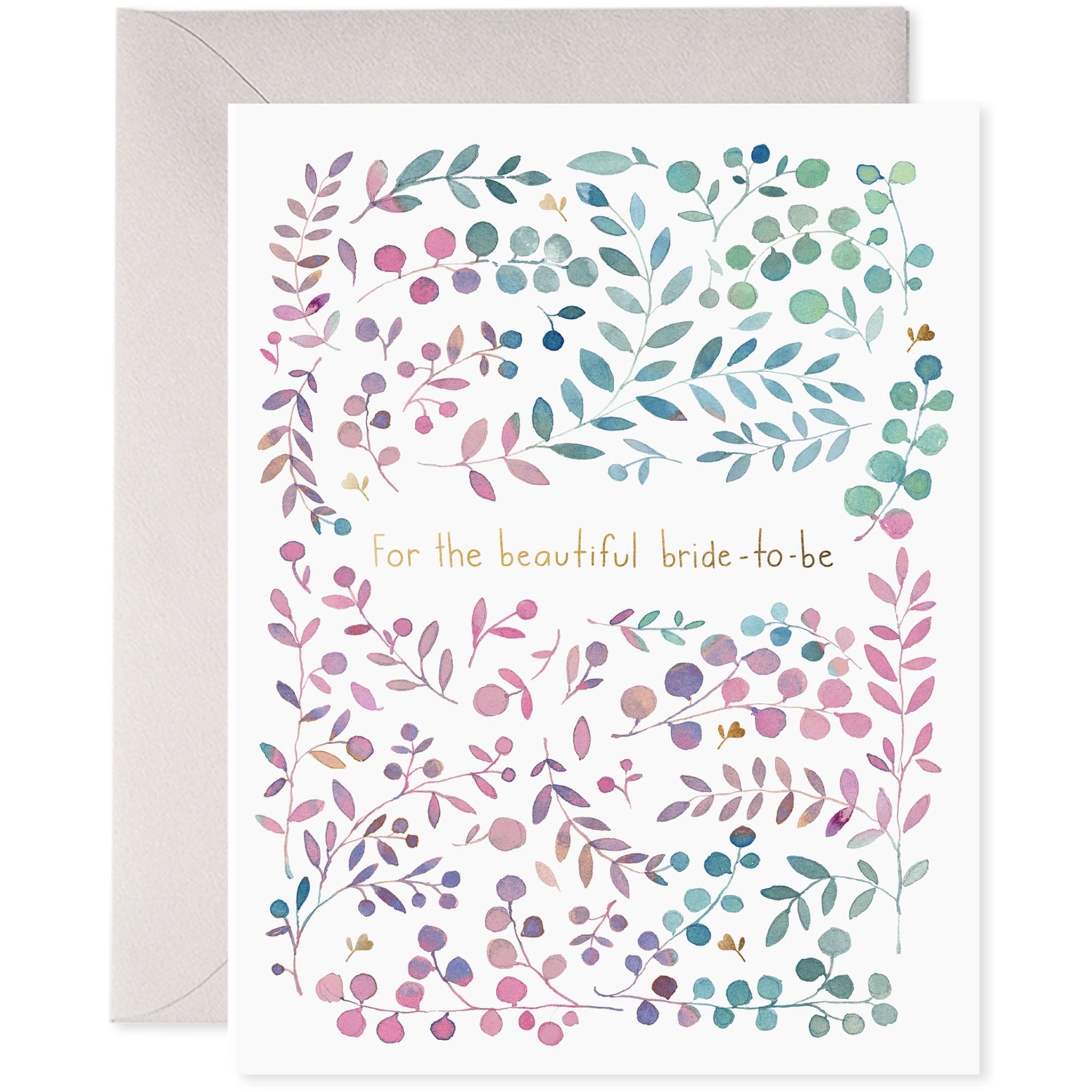 A greeting card with a watercolor painting of various leaves and gold text that reads 'for the beautiful bride-to-be'. The card includes a beige envelope.