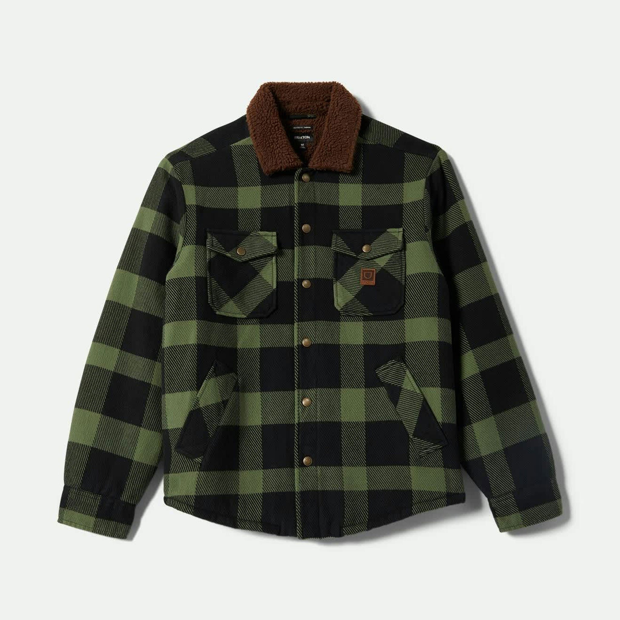 Green and black plaid shirt with brown collar on a light gray background