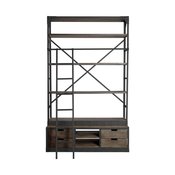 Mercana brand Brodie bookcase with stained wood and gunmetal frame with ladder on a white background