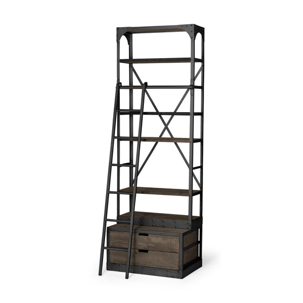 Brodie Dark Brown Wood Gun-Metal Bracing Four Shelf Shelving Unit with ladder on a white background