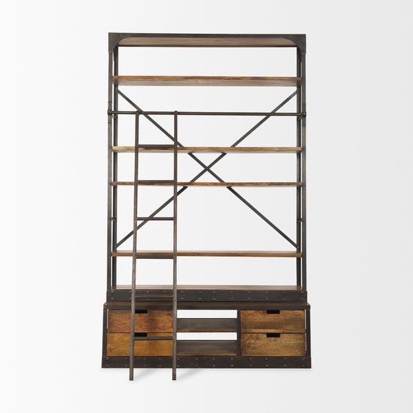 Mercana brand Brodie Medium stained wood and copper finished metal Four Shelf Shelving Unit with ladder on a white background