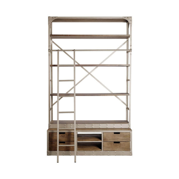 Mercana brand Brodie Light Brown Wood and Nickel finished metal Four Shelf Shelving Unit with ladder on a white background