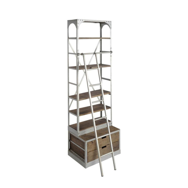 Brodie Medium Brown Wood Silver Accent Four Shelf Shelving Unit on a white background