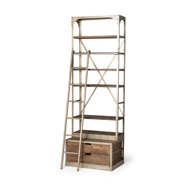 Brodie nickel metal light brown wood bookcase with drawers and a ladder on a white background