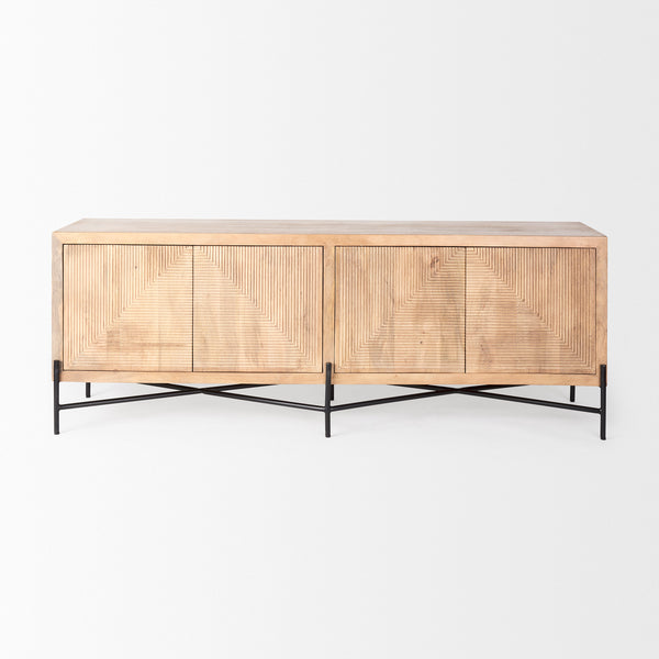 Mercana Cairo Solid Wood with Black Metal Base 4 Door Cabinet Sideboard on a white background