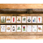 Various playing cards with camping images on themm on a wooden table.