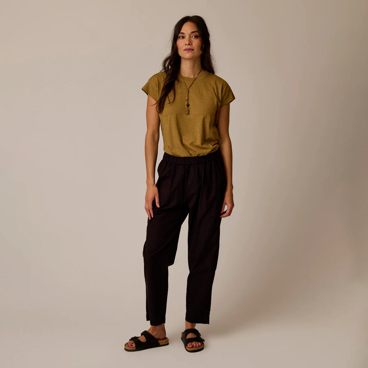 Astrid Hemp Tee in Golden Stripe shown on model on plain background.