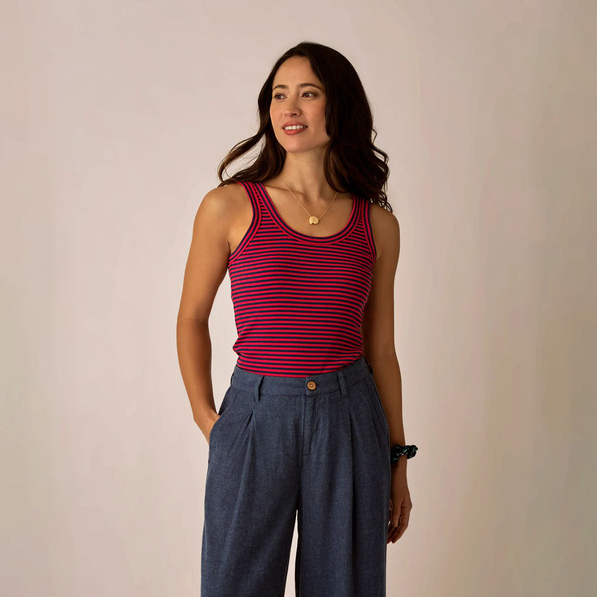 Ever Rib Tank in July Stripe shown on model on plain background.