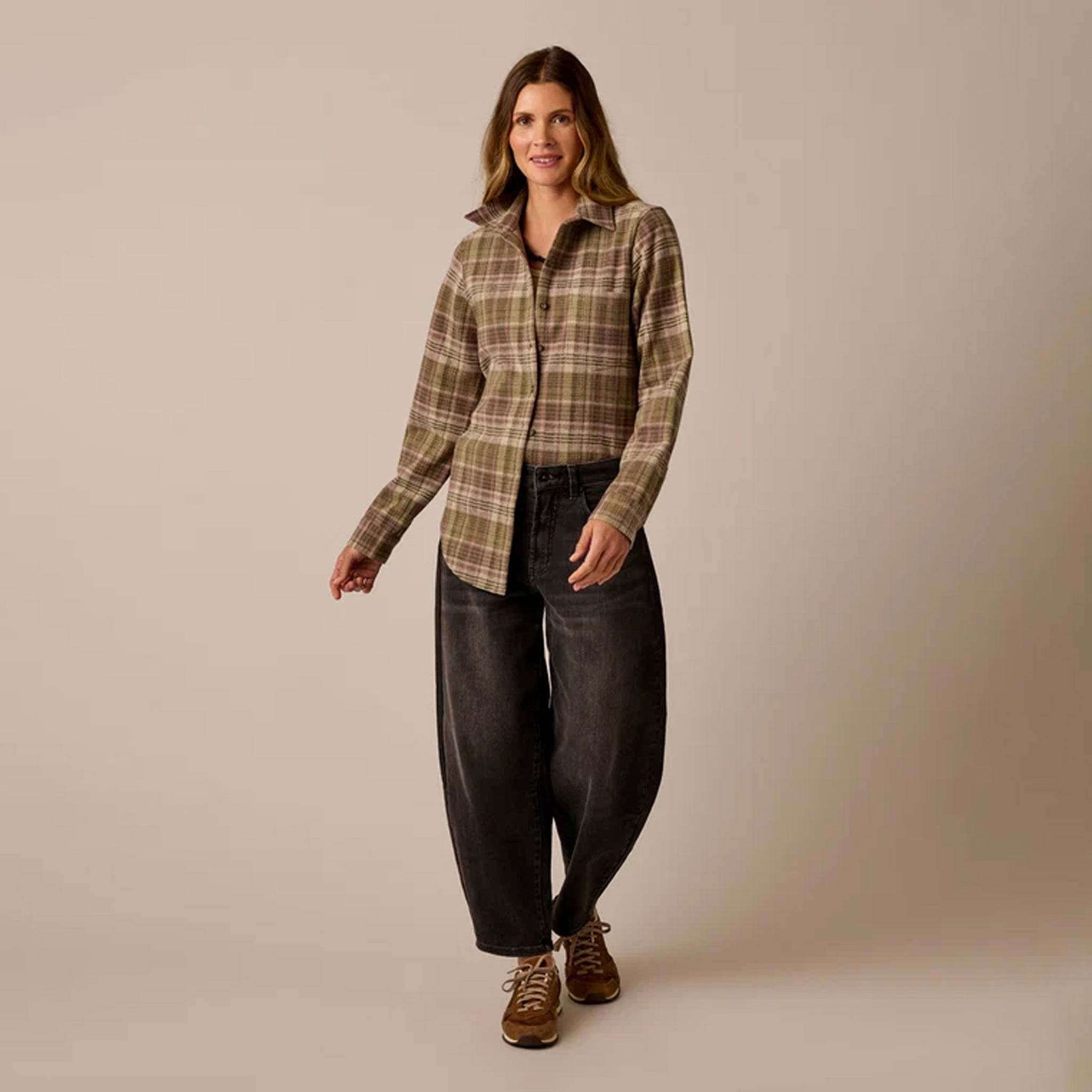 Female model shown wearing the Carve Fairbanks Supersoft Shirt in Dark Olive Plaid on plain background.