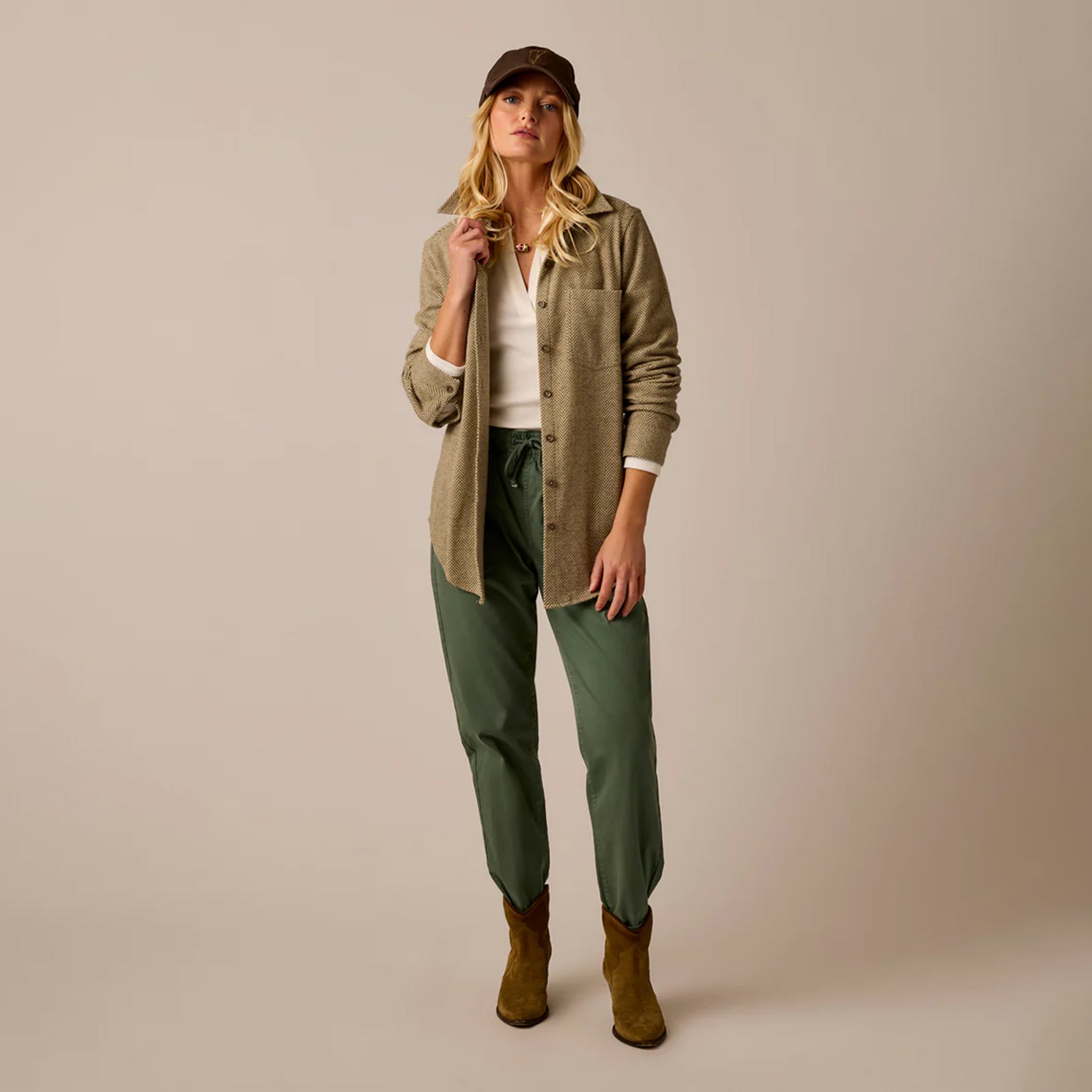 Female model shown wearing the Carve Fairbanks Supersoft Shirt in Herringbone on plain background.