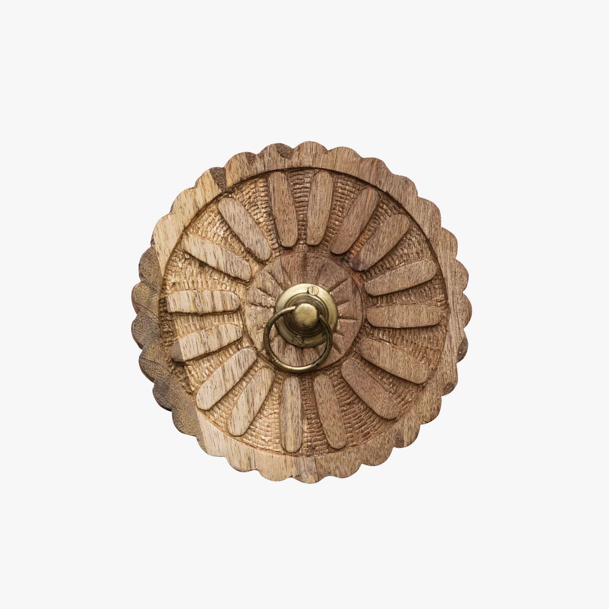 Top of Round carved wood box with removable lid on a white background