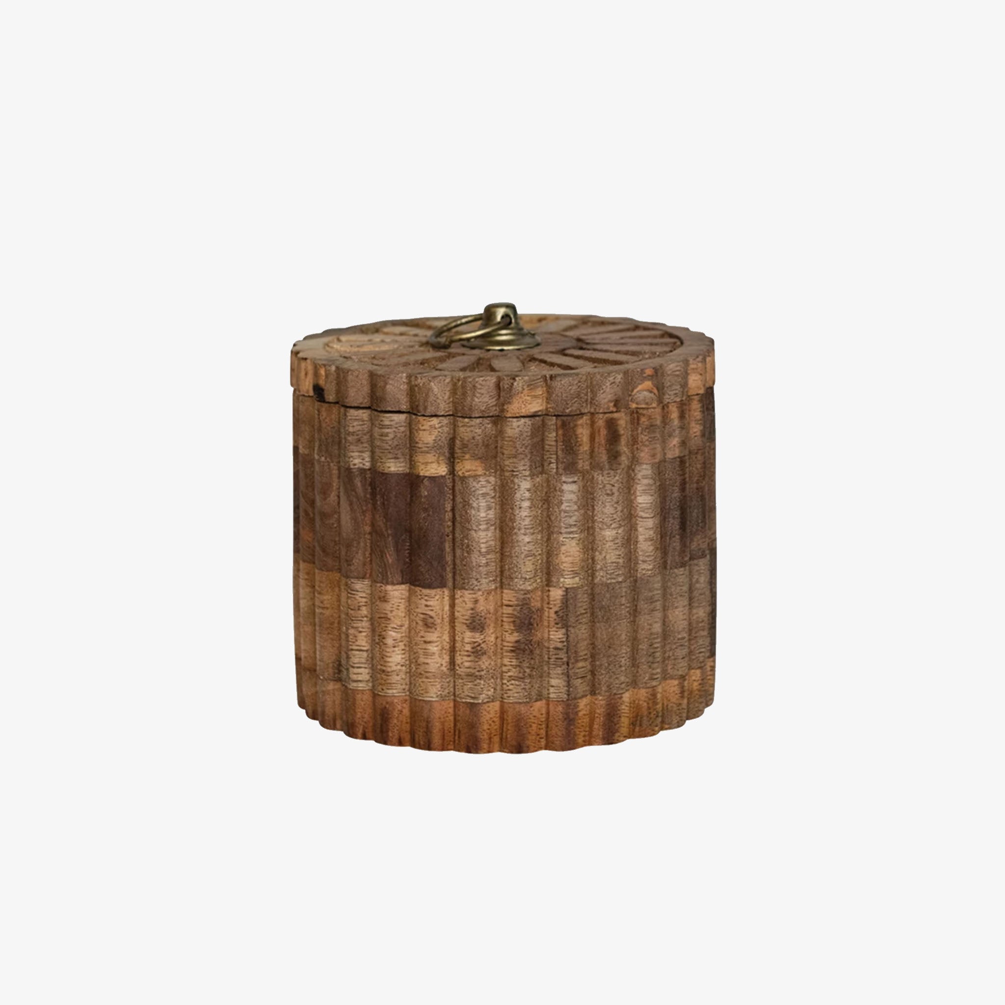 Round carved wood box with removable lid on a white background
