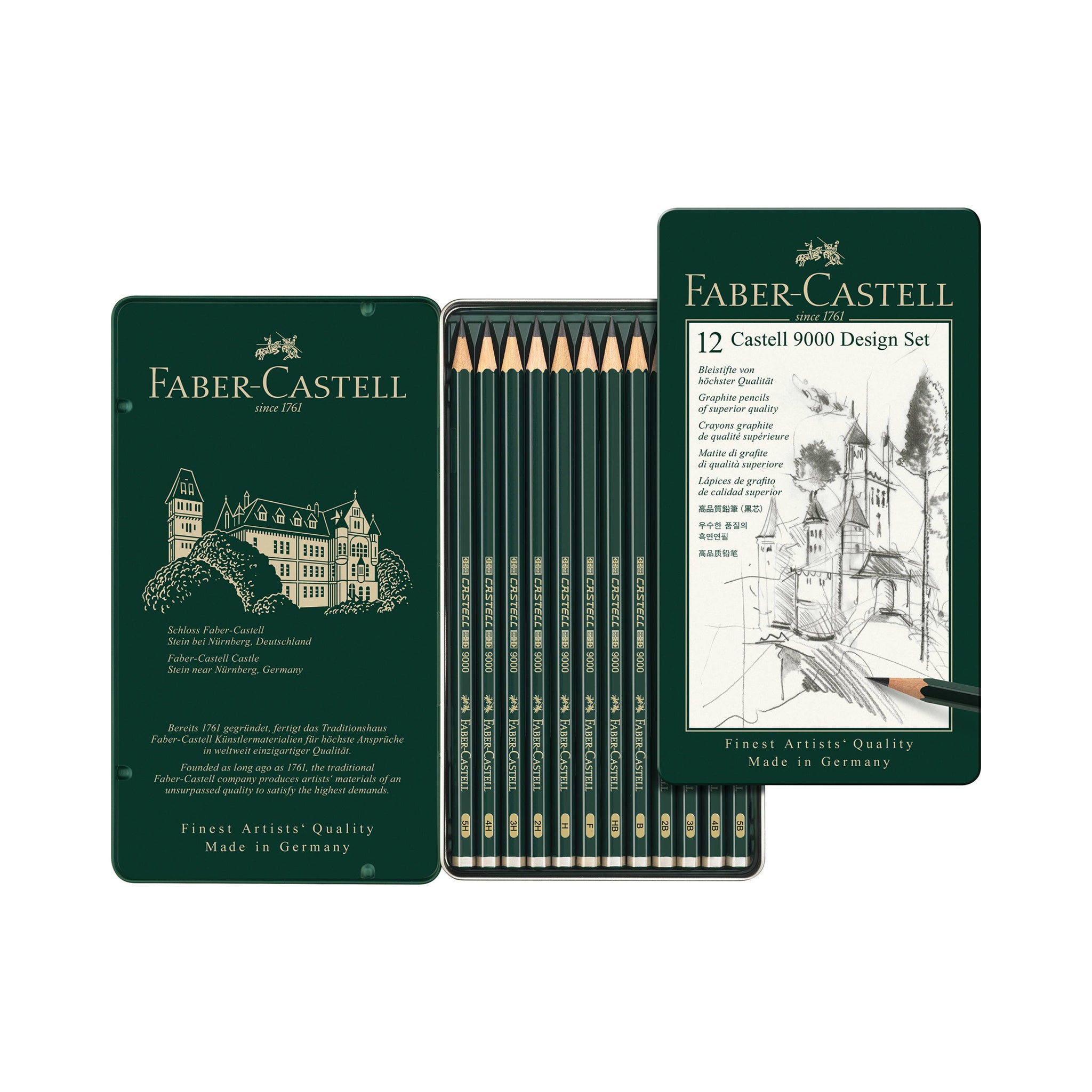 Faber-Castell 12 Design Set 9000 graphite pencils in a dark green metal tin, shown with the lid open and the pencils aligned in the center against a white background.