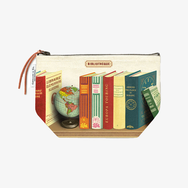 Cavallini Paper Library Books Pouch with row of books and a globe on a white background