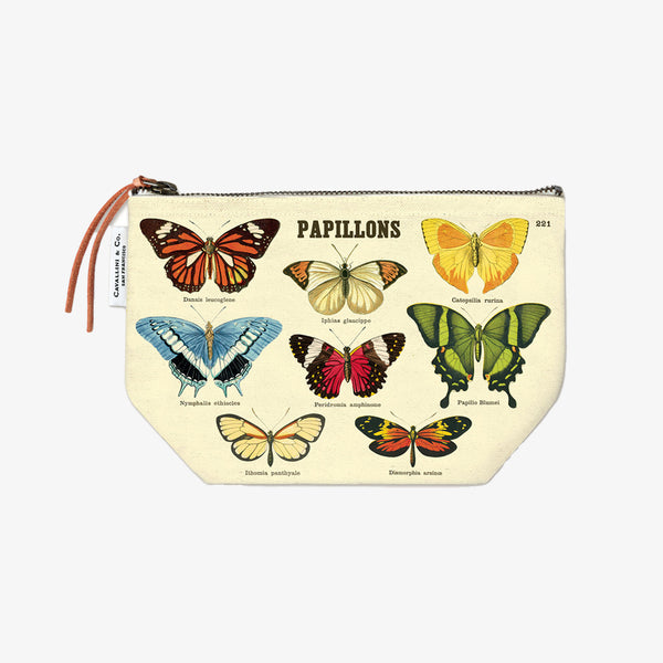 Small canvas pouch printed with illustrations of butterflies and french word for butterfly Papillons on a white background