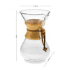 Chemex Six Cup Pour-Over Glass Coffee Maker image with measurements on a white background
