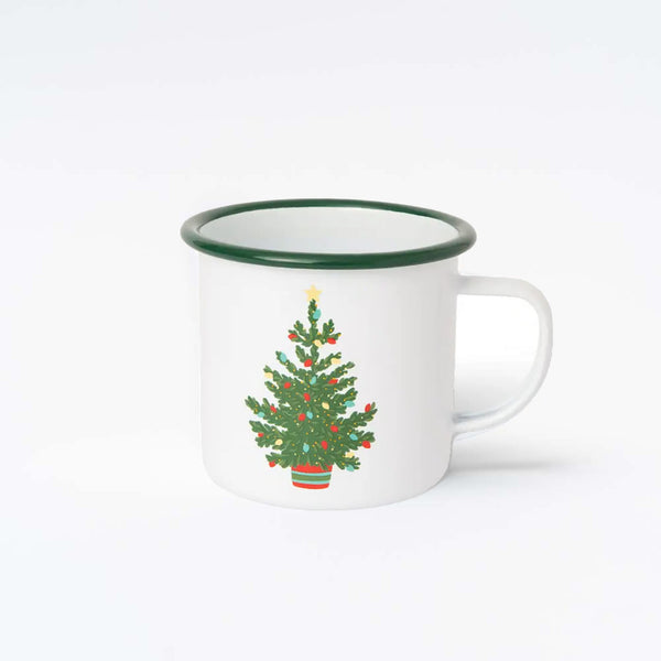 White Enamel mug with Christmas tree on front on a white background