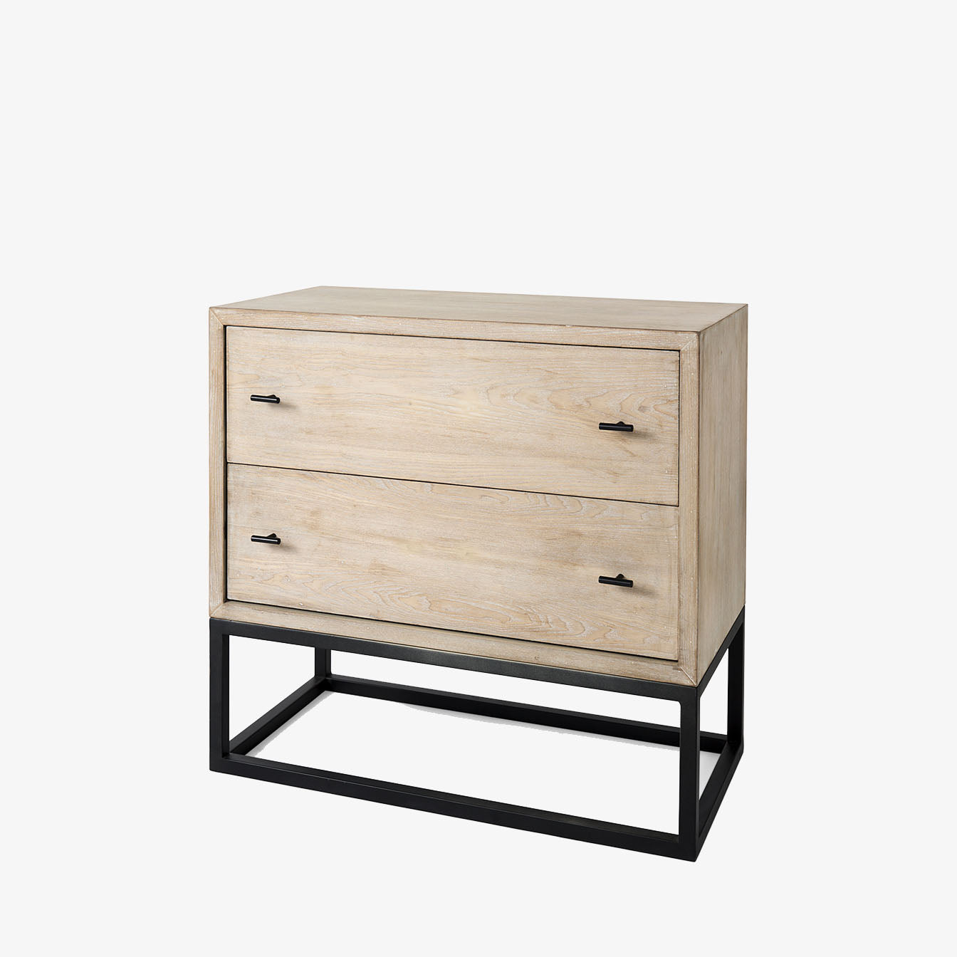 Cabinet with two drawers in white washed wood and black metal base on a white background