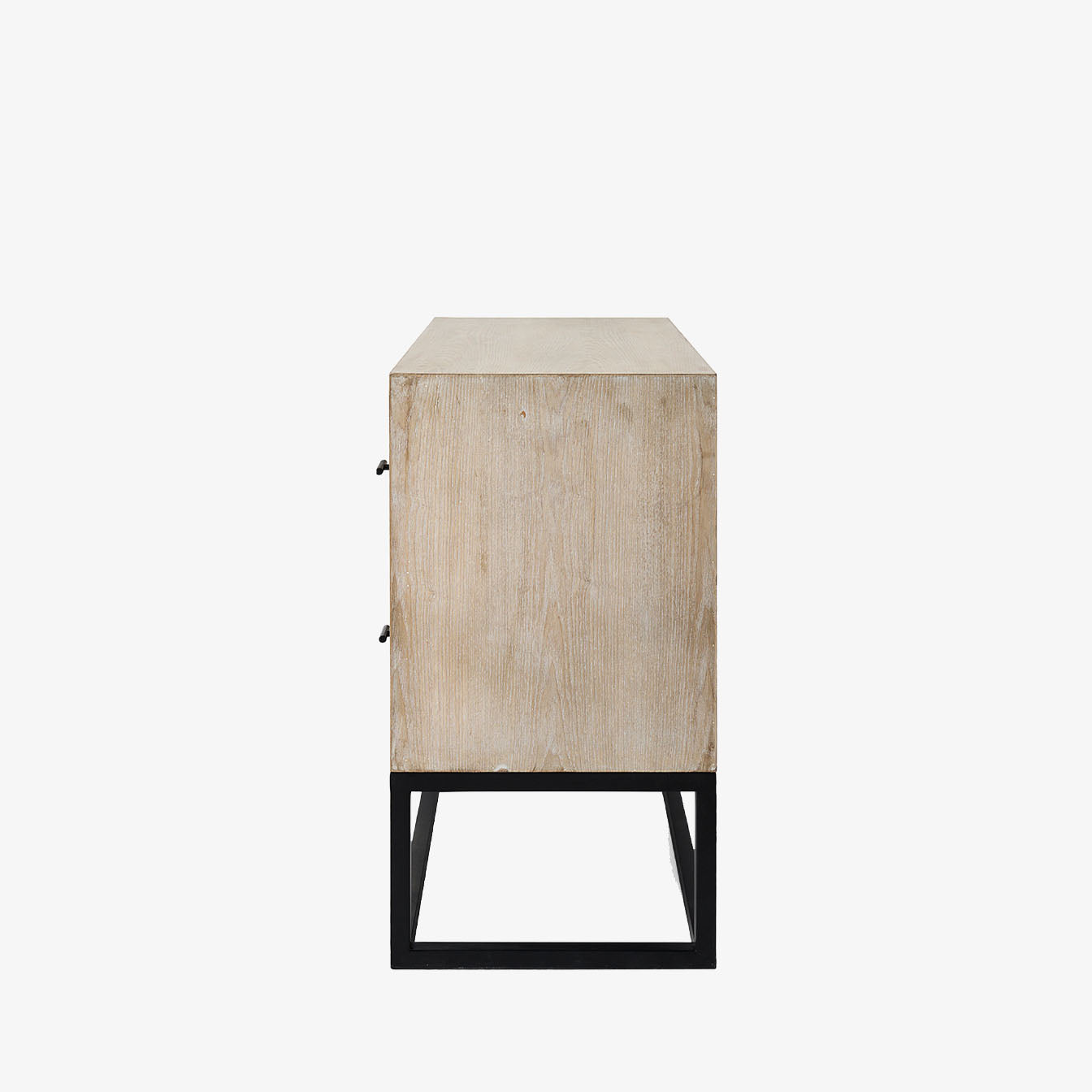 Cabinet with two drawers in white washed wood and black metal base on a white background