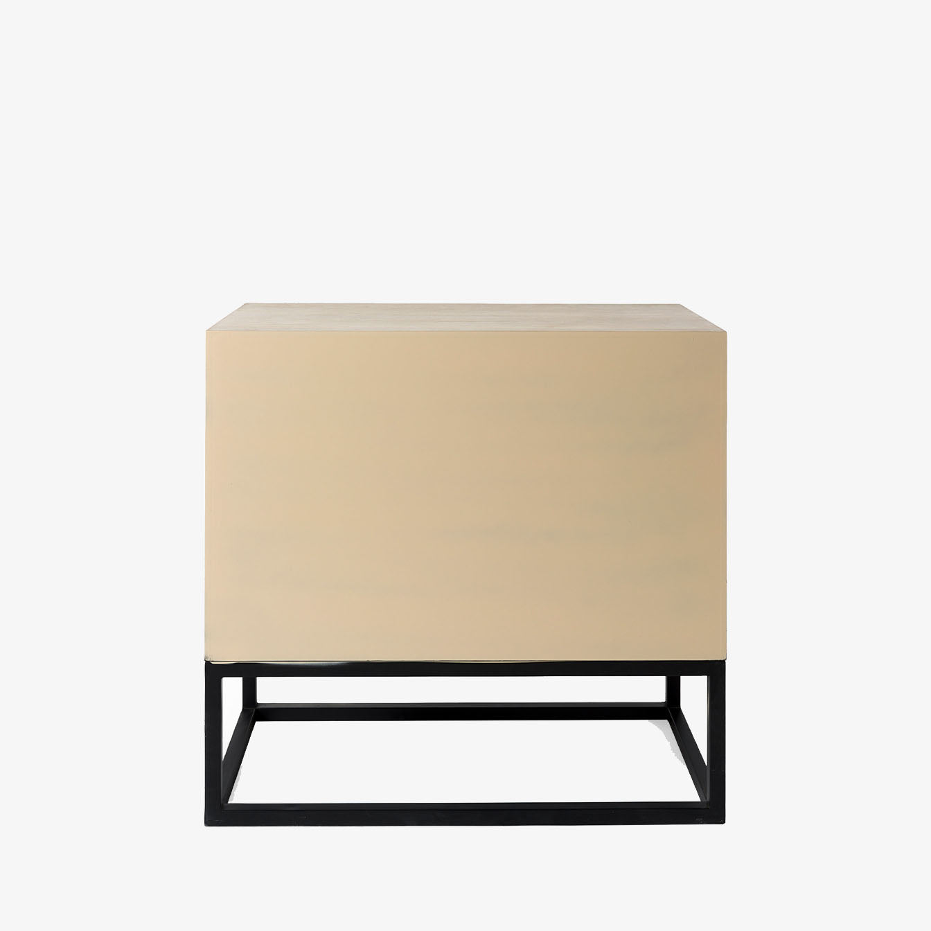 Cabinet with two drawers in white washed wood and black metal base on a white background