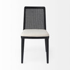 Clara Black Wood W/ Cream Fabric Seat and Cane Back Armless Dining Chair on a white background