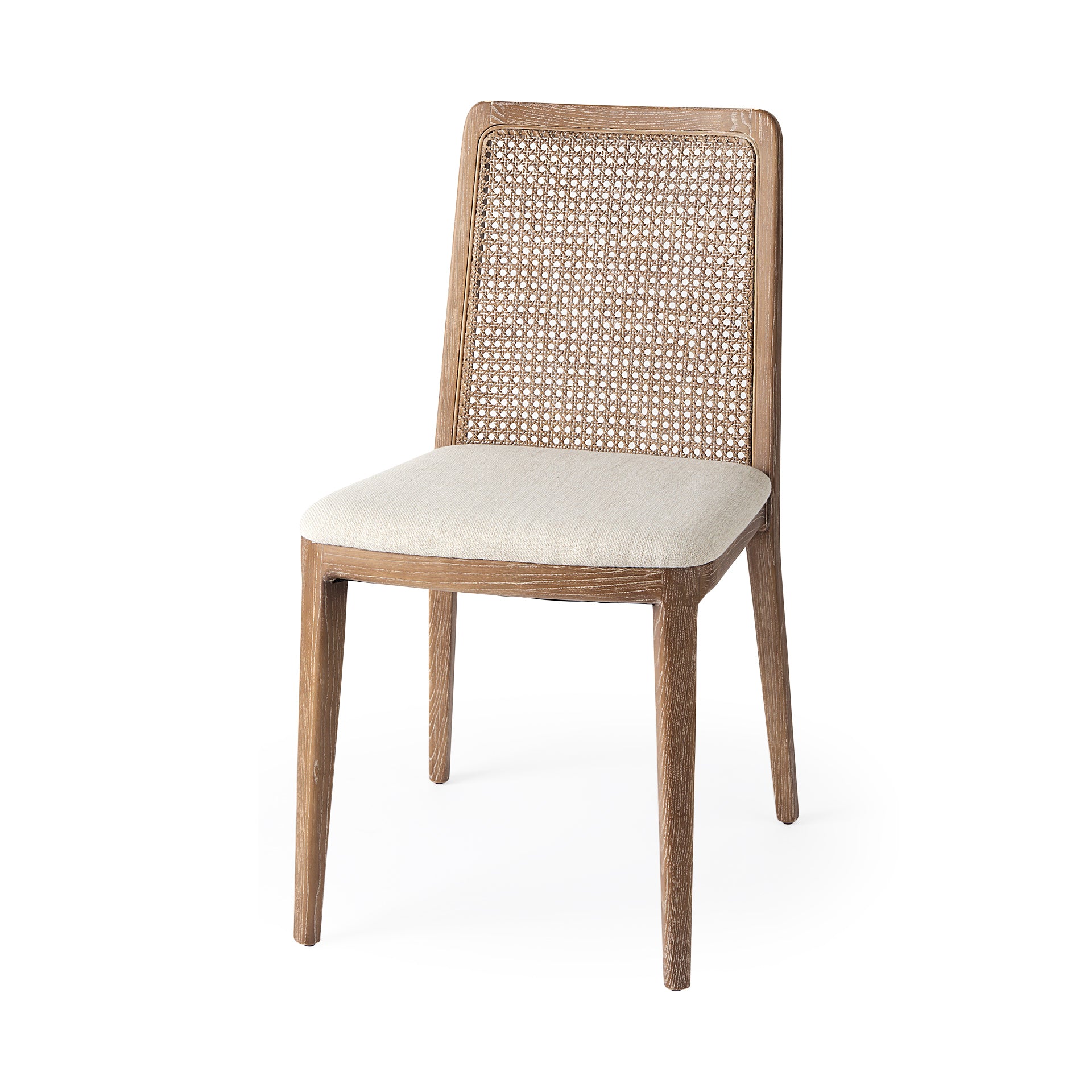 Light Brown Wood with Cream Fabric Seat and Cane Back Dining Chair on a white background