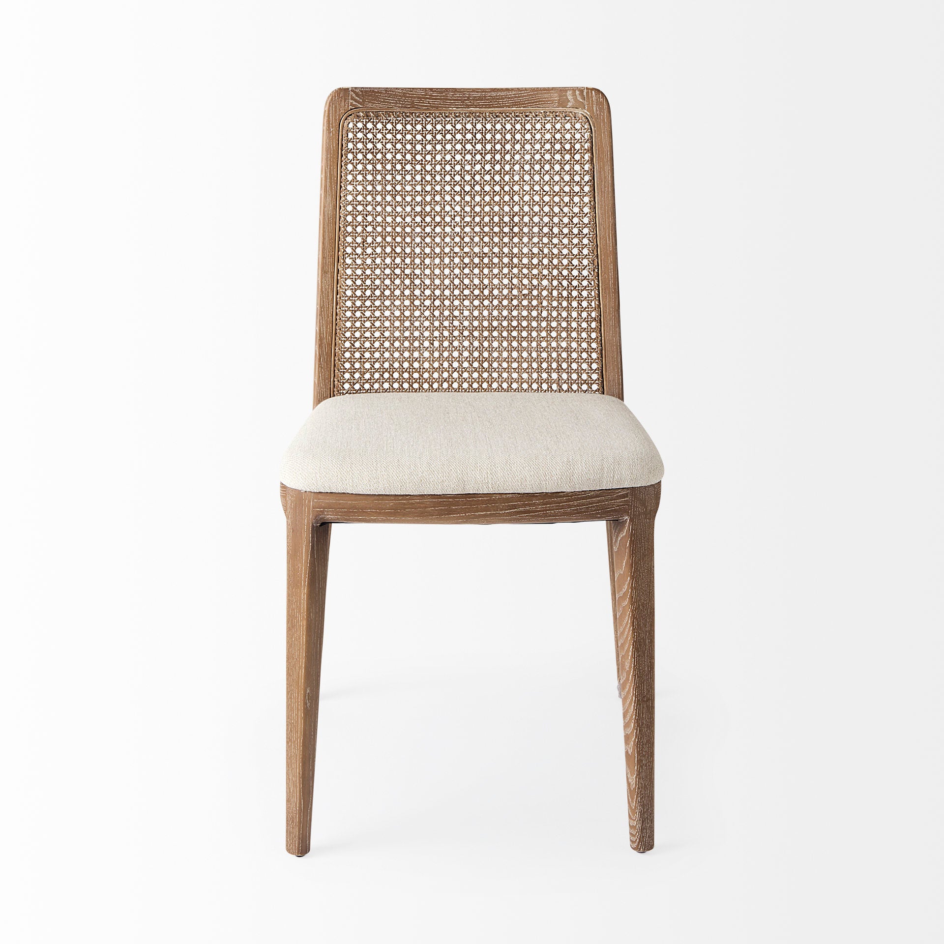 Clara Light Brown Wood W/ Cream Fabric Seat and Cane Back Armless Dining Chair on a white background