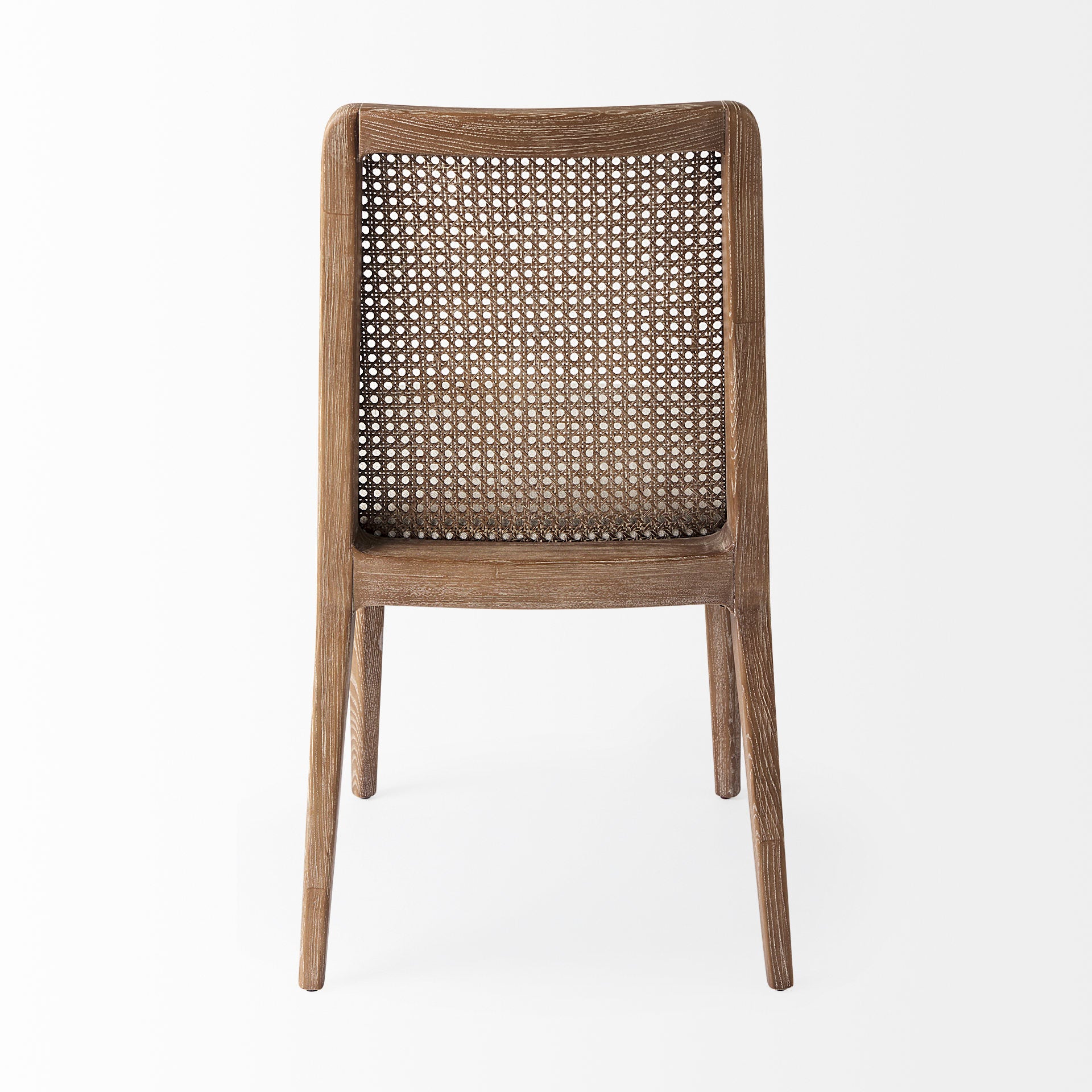 Clara Light Brown Wood W/ Cream Fabric Seat and Cane Back Armless Dining Chair on a white background