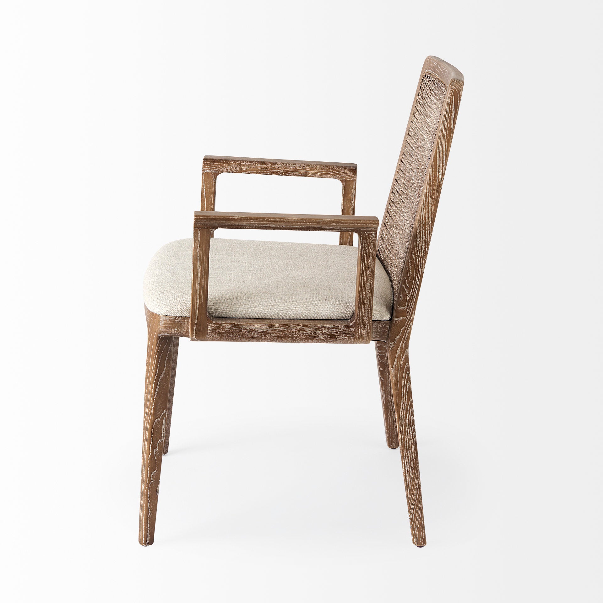Clara Light Brown Wood W/ Cream Fabric Seat and Cane Back Dining Chair on a white background