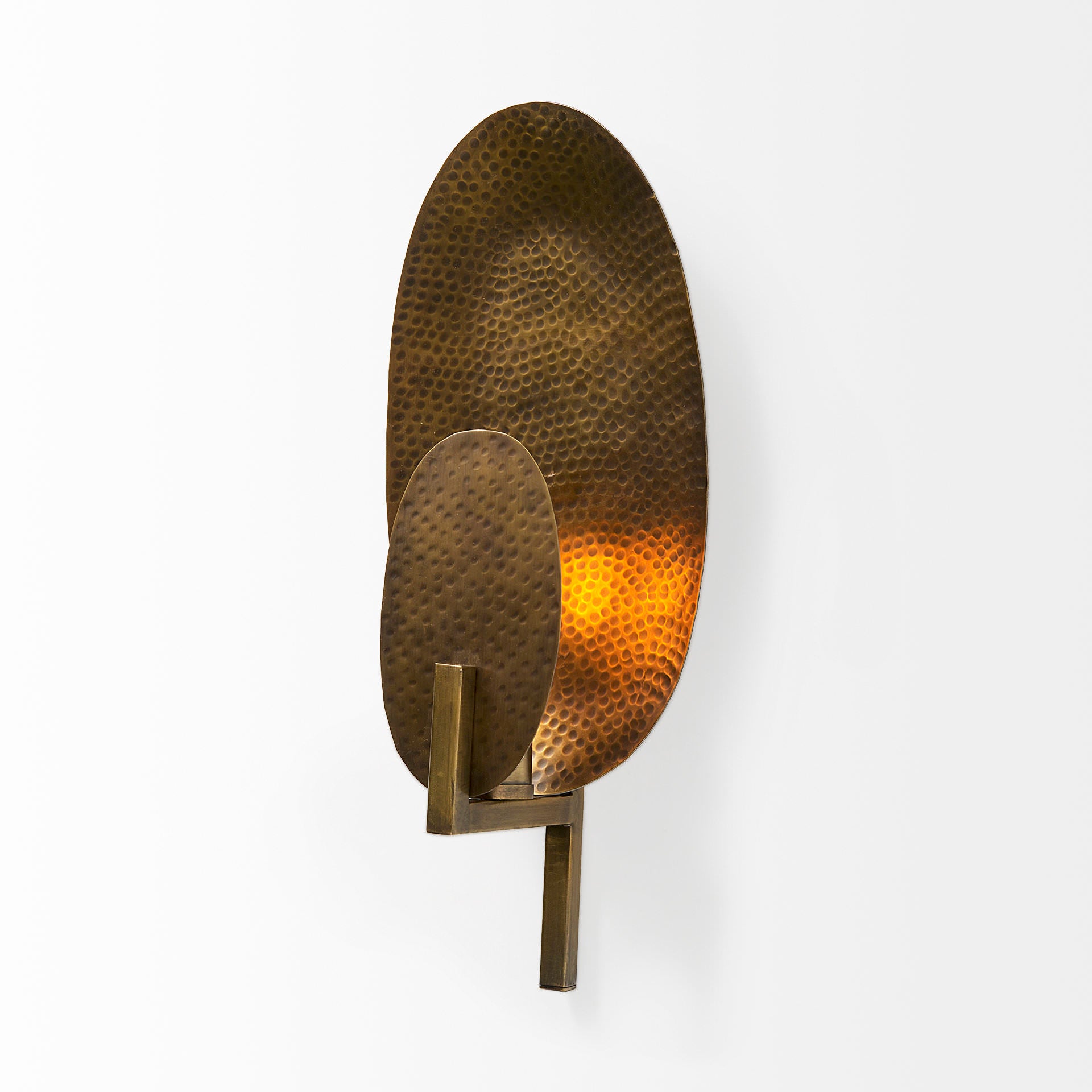 Clarence 7.0L x 5.3W x 17.0H Metal Hammered Gold Round Wall Sconce on a white background