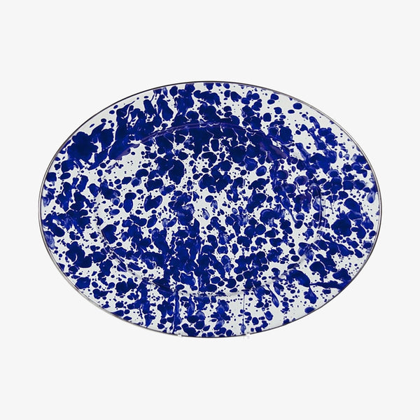 Golden Rabbit brand Cobalt Swirl blue and white Enamelware Oval Platter on a white background