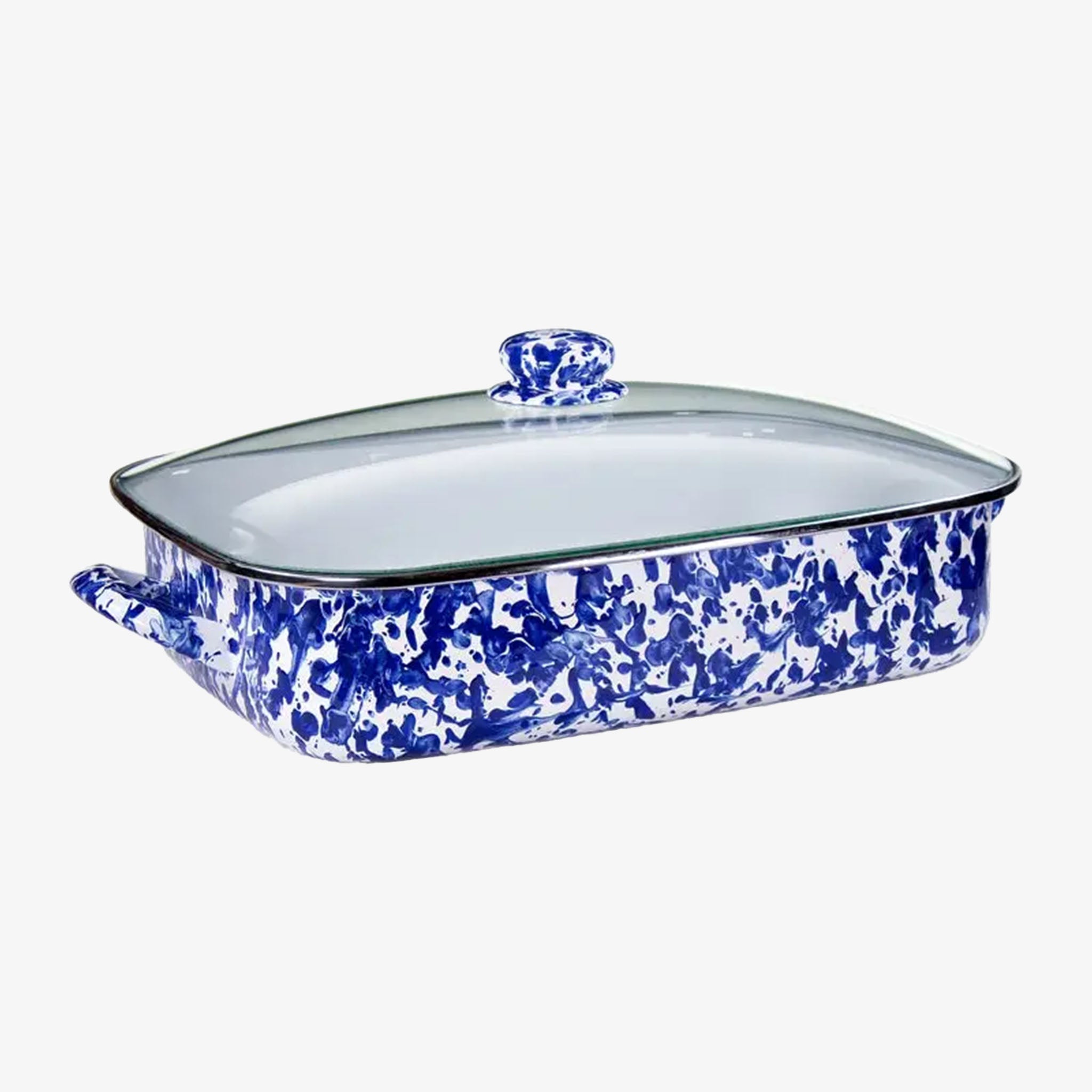 Golden Rabbit brand blue and white Cobalt Swirl Enamelware Roasting Pan with glass lid on a white background