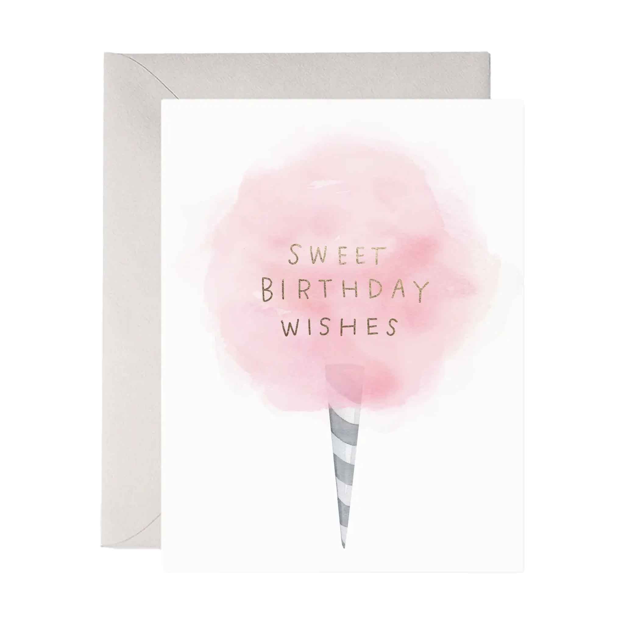 Greeting card with pink cotton candy design and 'Sweet Birthday Wishes' text on a white background.