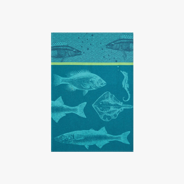 Blue with printed fish French Jacquard Tea Towel on a white background