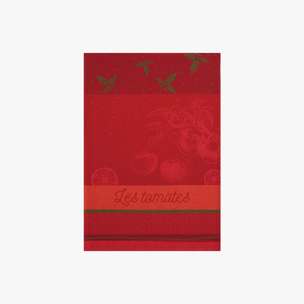 Red printed French Jacquard Tea Towel with tomatoes on a white background