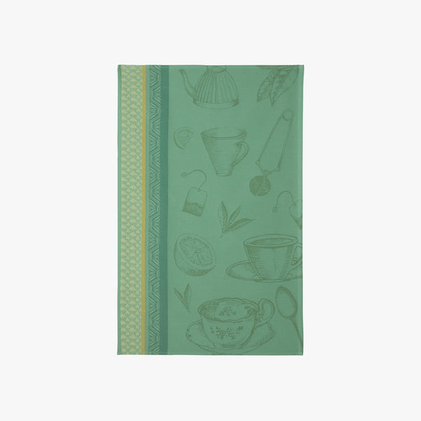 Green printed French Jacquard Tea Towel with images of tea cups and tea on a white background