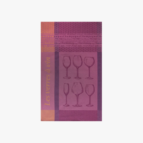 Purple and orange printed French Jacquard Tea Towel with wine glasses on a white background