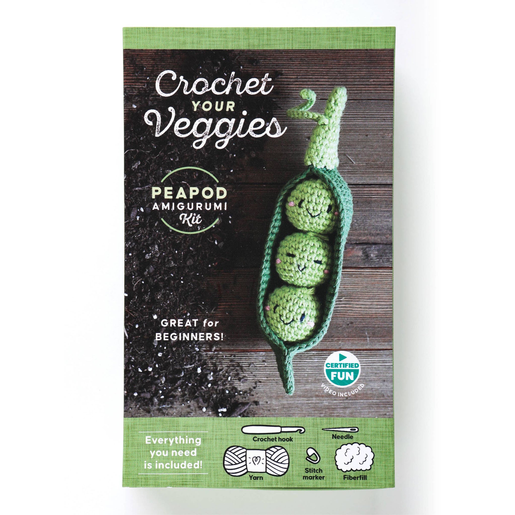 Crochet Your Veggies Peapod Amigurumi Kit on a white background at Addison West
