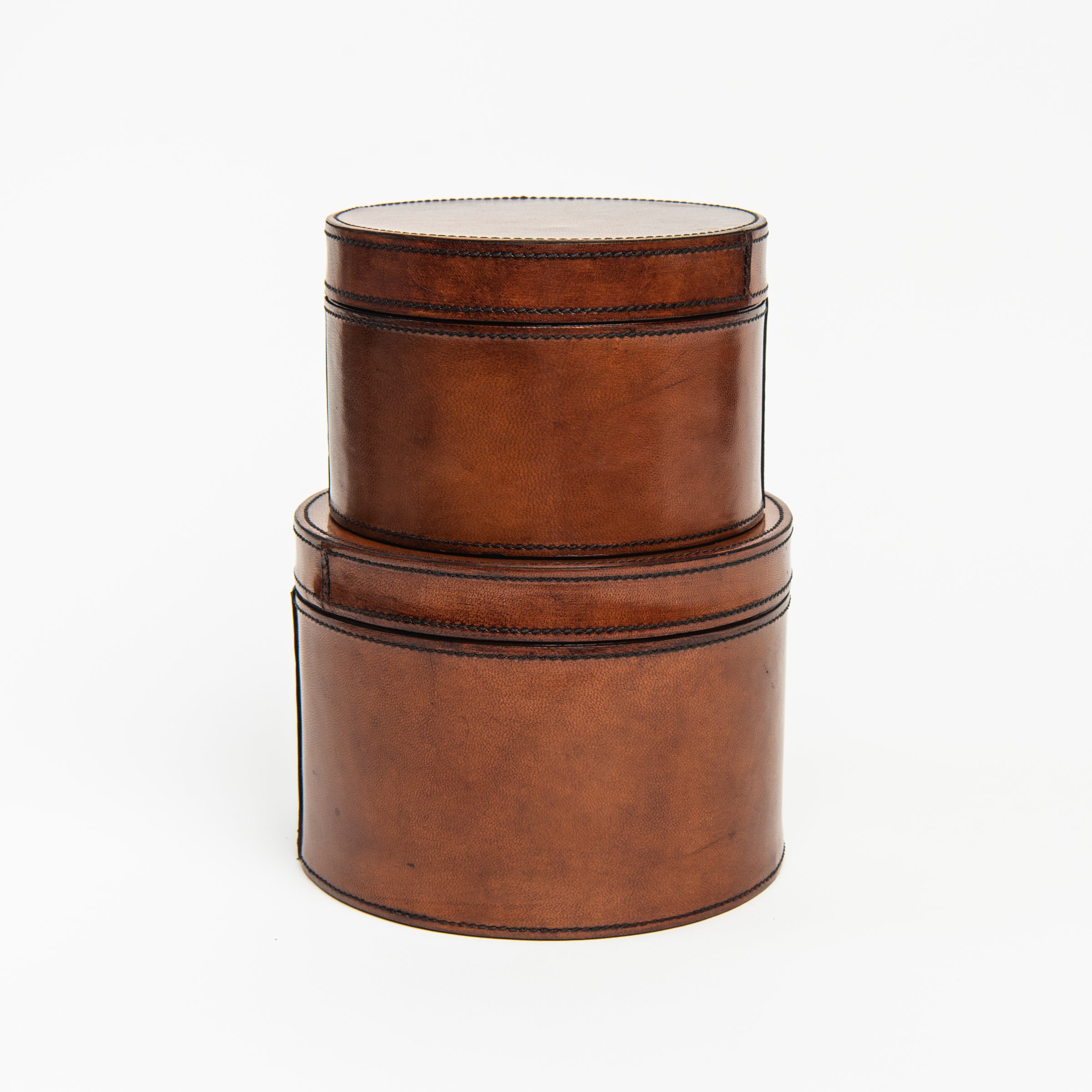 Dapper Leather Round Box - Large and small on a white background at Addison West