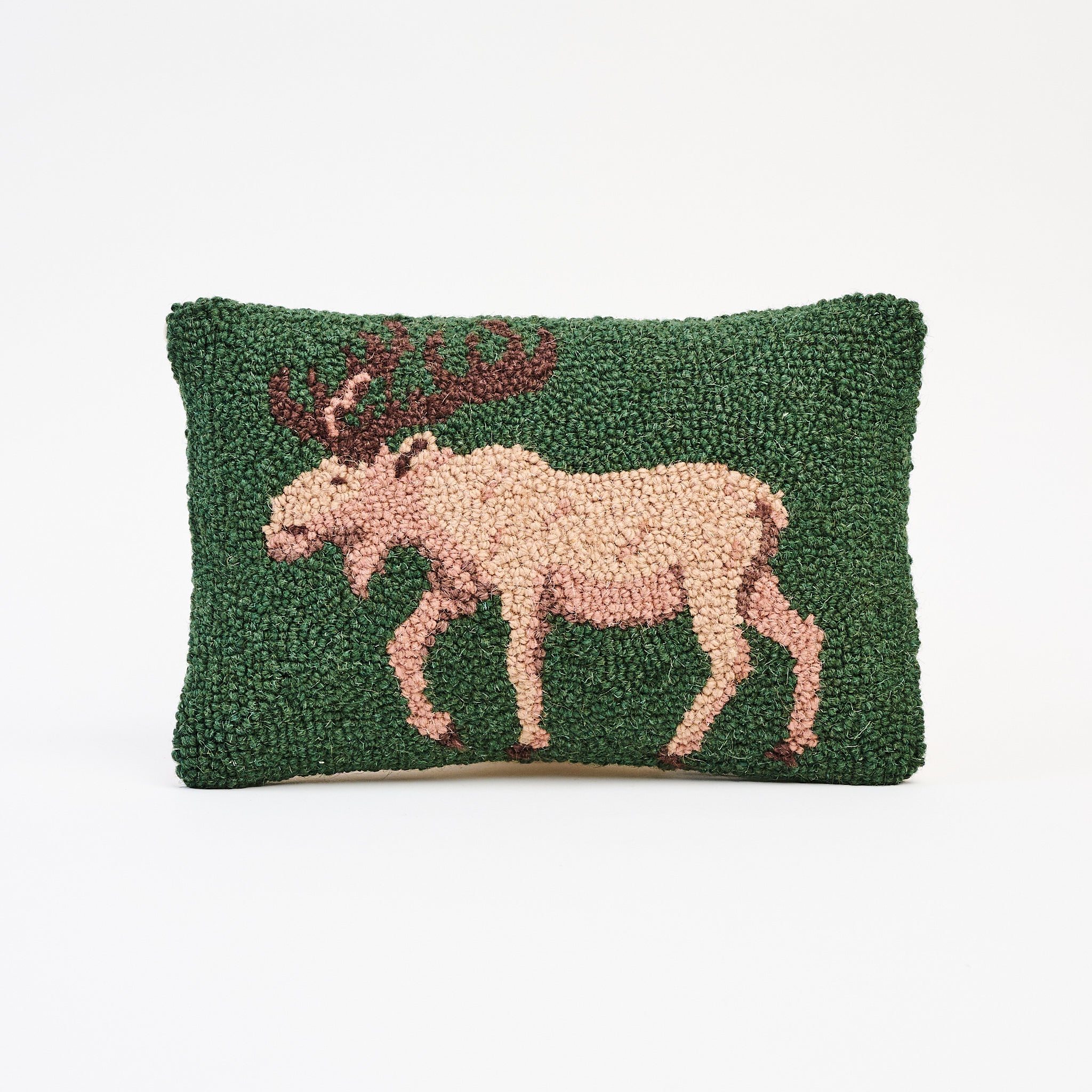 Moose Hand Hooked Pillow on a white background at Addison West