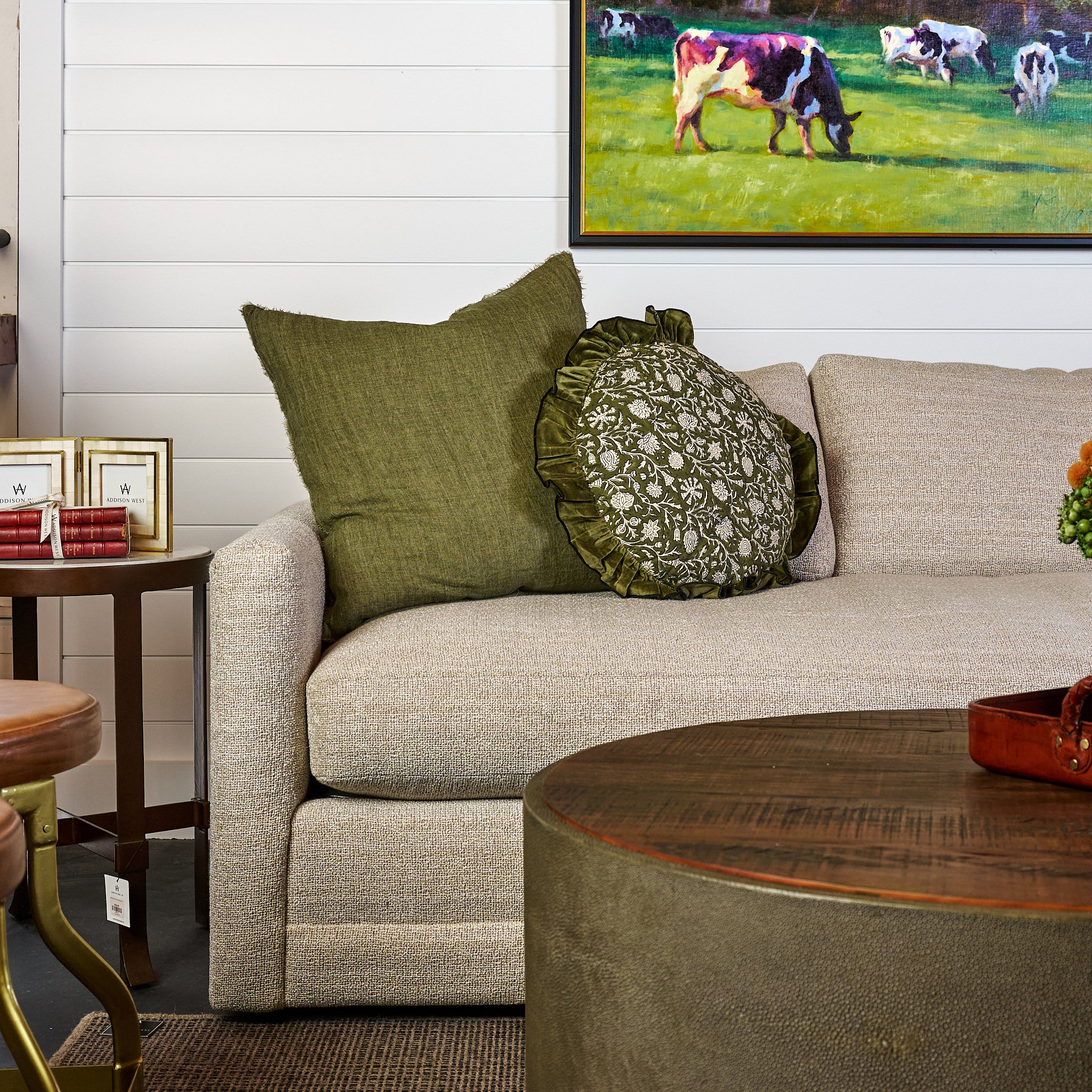Vine Block Print Pillow with Ruffled Edge on a sofa at Addison West