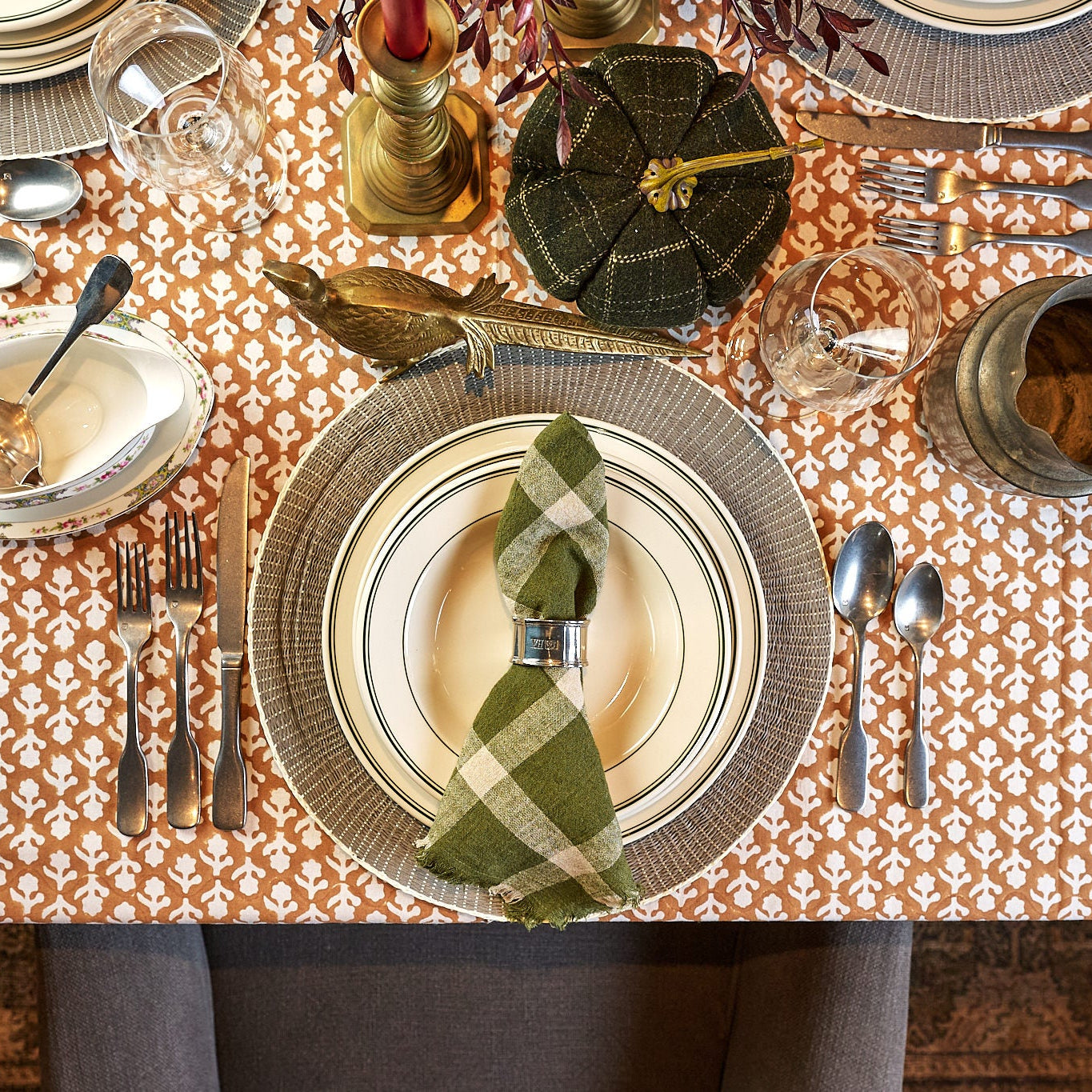 Linen Green Plaid Napkins, Set of 4 on a table at Addison West