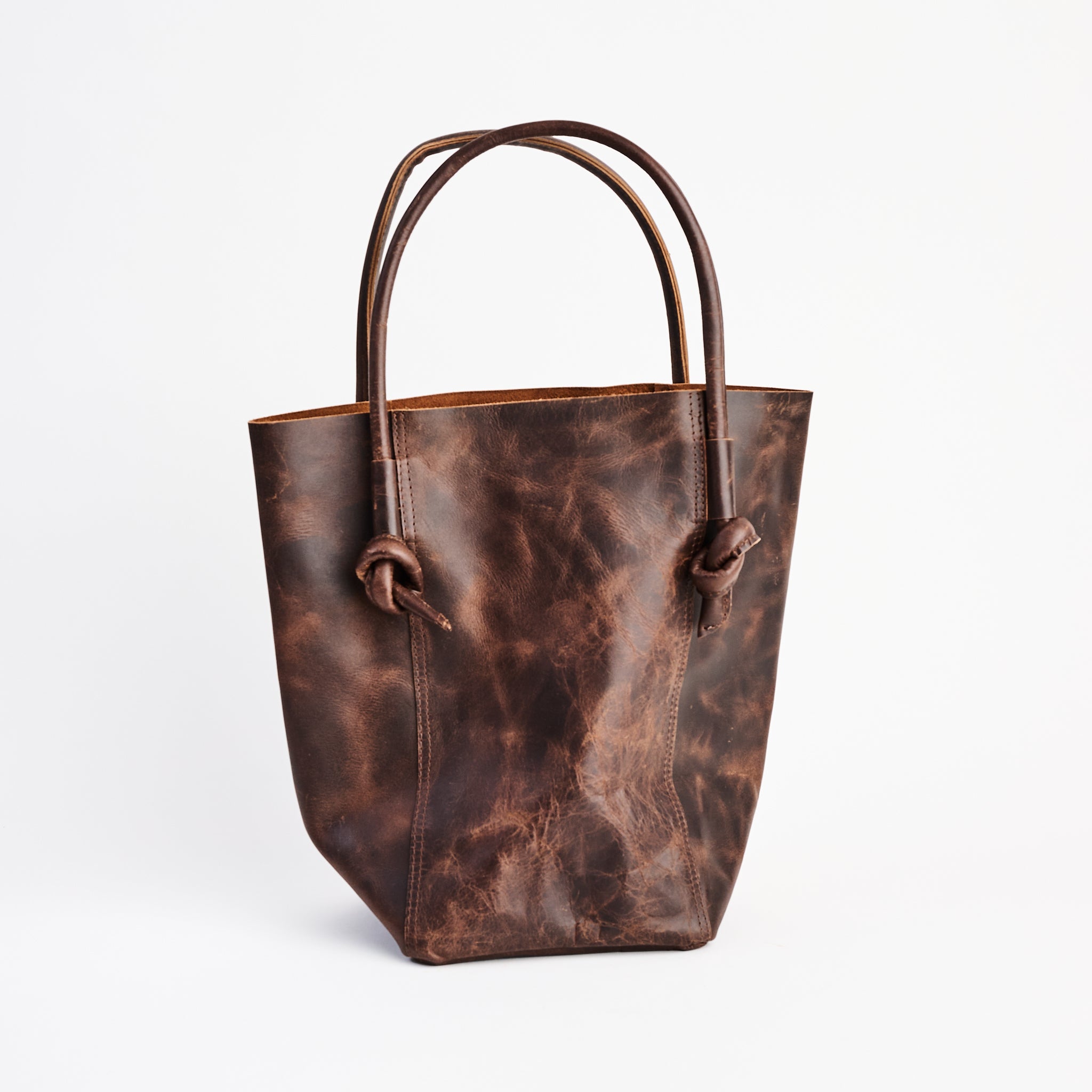 Elsie Leather Tote in Antique Brown on a white background at Addison West